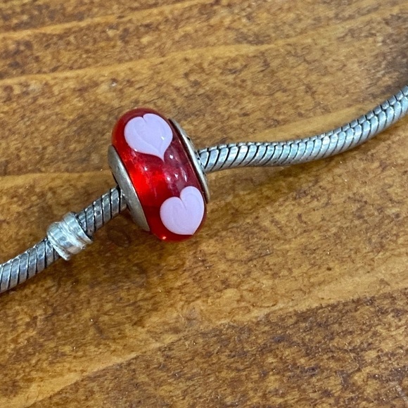 Pandora red Murano glass charm with pink hearts all around 925 silver - Picture 2 of 6
